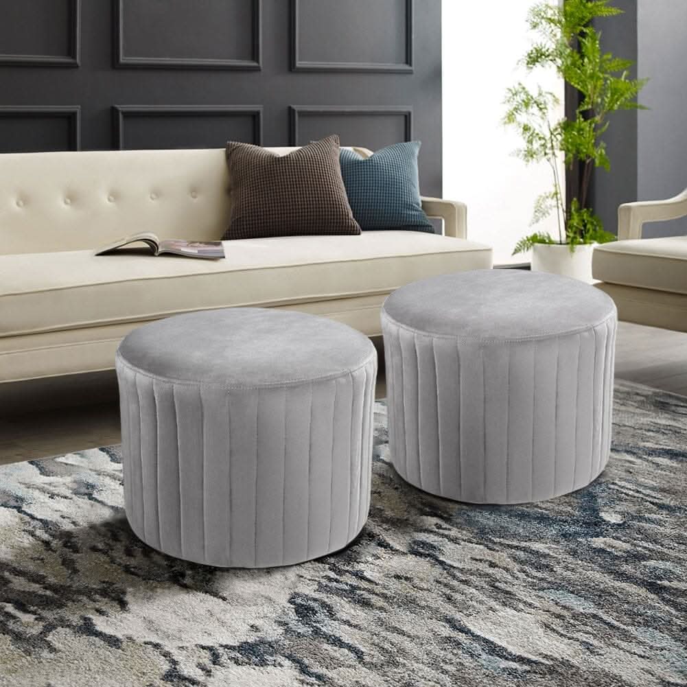 Round Ribbed Ottoman Grey Velvet