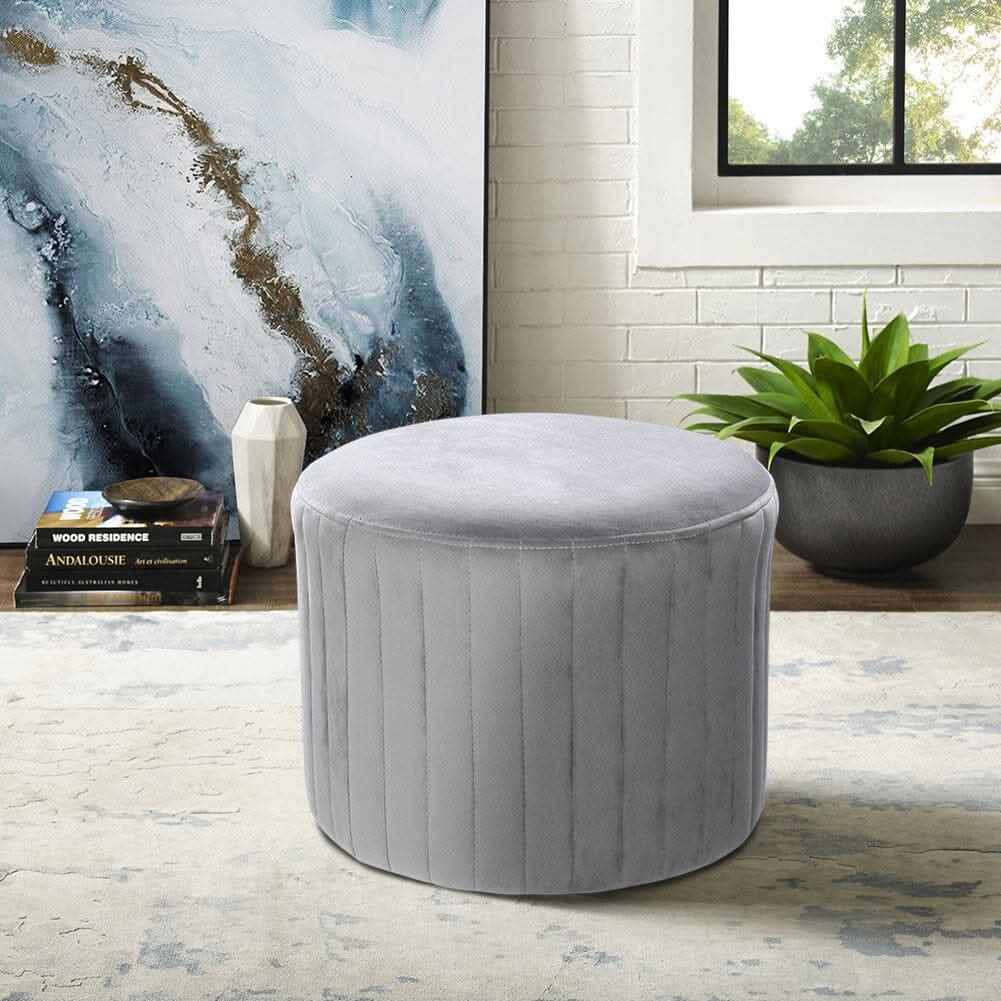Round Ribbed Ottoman Grey Velvet