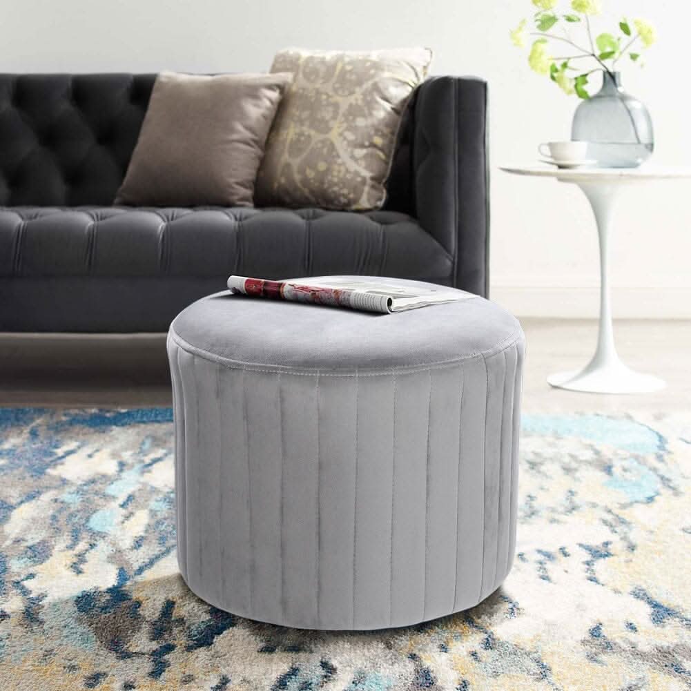 Round Ribbed Ottoman Grey Velvet