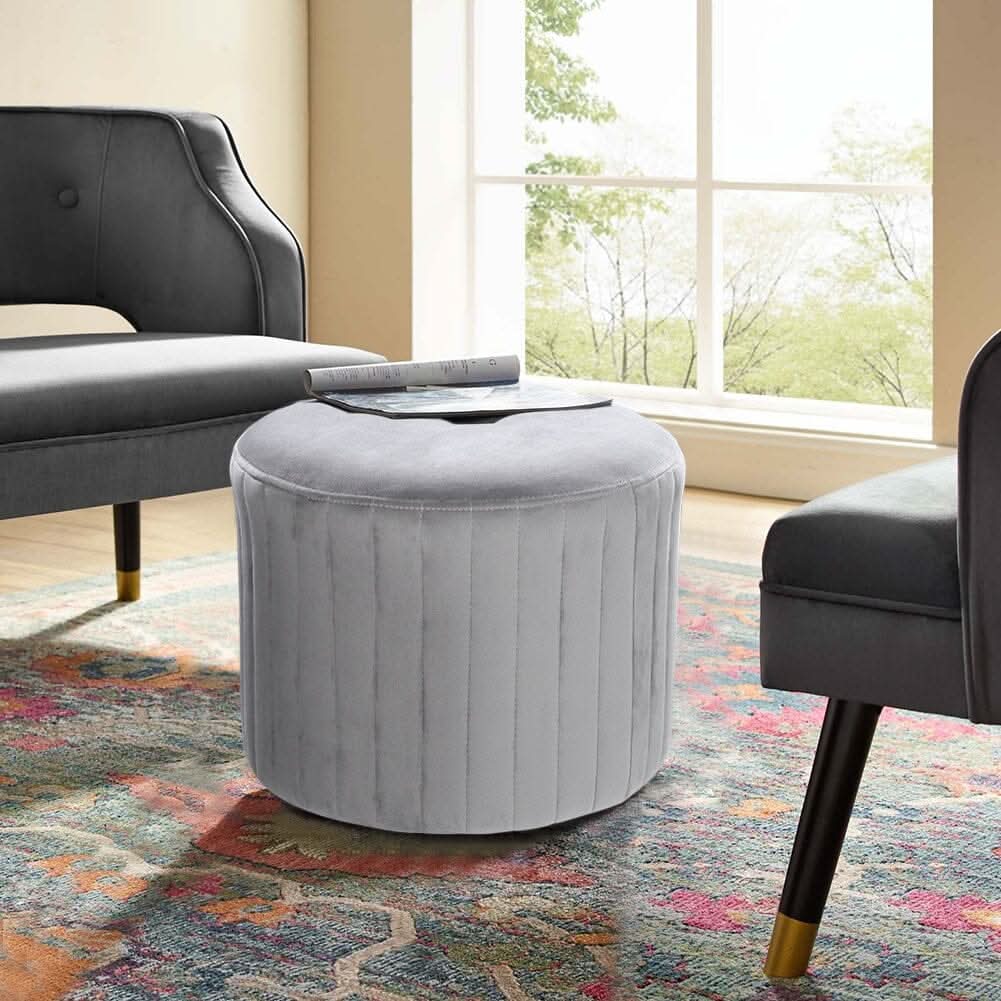 Round Ribbed Ottoman Grey Velvet