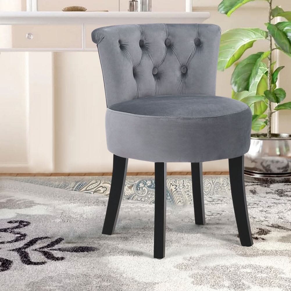 Velvet Vanity Stool with 7-Button Tufted Backrest & Black Rubber Wood Legs