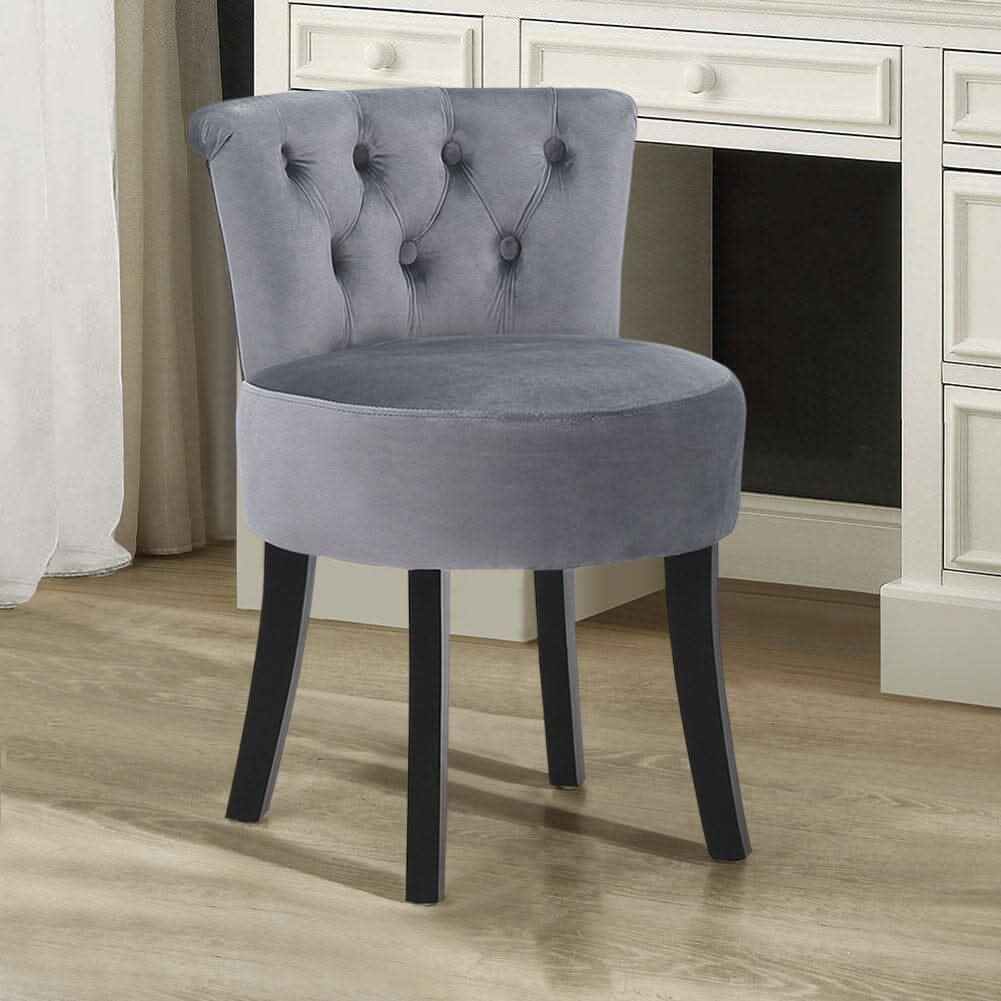 Velvet Vanity Stool with 7-Button Tufted Backrest & Black Rubber Wood Legs