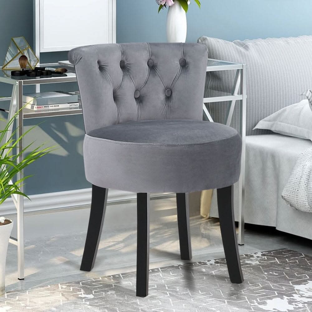 Velvet Vanity Stool with 7-Button Tufted Backrest & Black Rubber Wood Legs