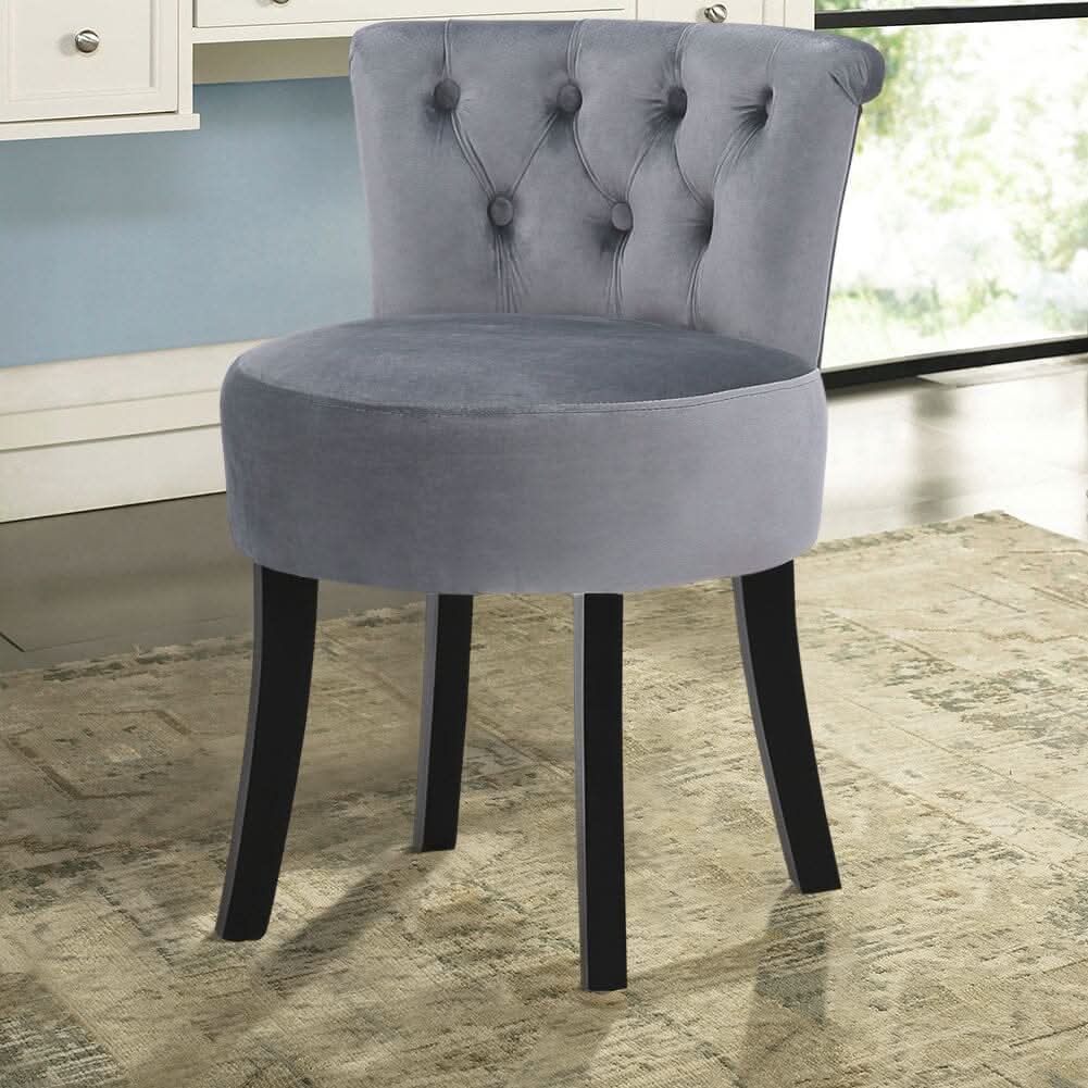 Velvet Vanity Stool with 7-Button Tufted Backrest & Black Rubber Wood Legs