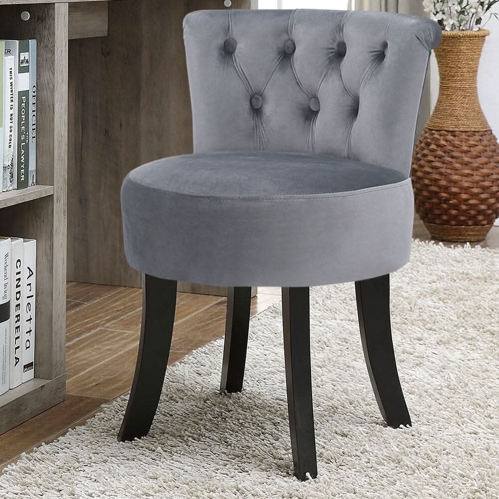 Velvet Vanity Stool with 7-Button Tufted Backrest & Black Rubber Wood Legs