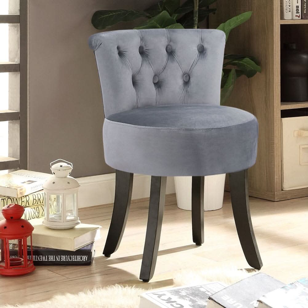 Velvet Vanity Stool with 7-Button Tufted Backrest & Black Rubber Wood Legs