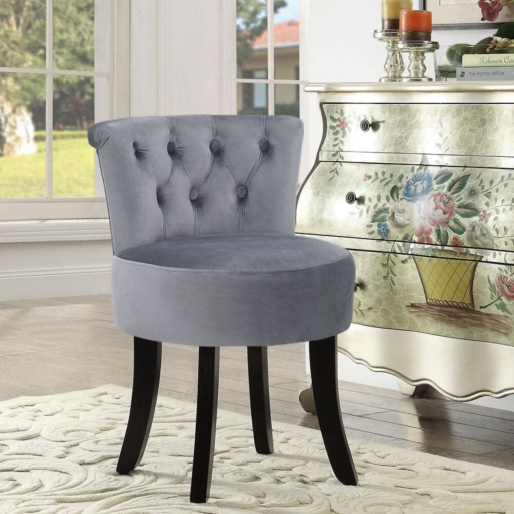 Velvet Vanity Stool with 7-Button Tufted Backrest & Black Rubber Wood Legs