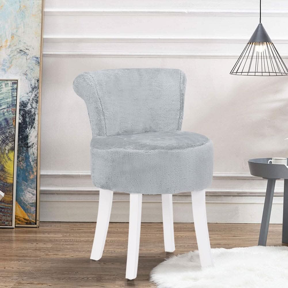 Long Pile Fleece Vanity Stool with White Rubber Wood Legs