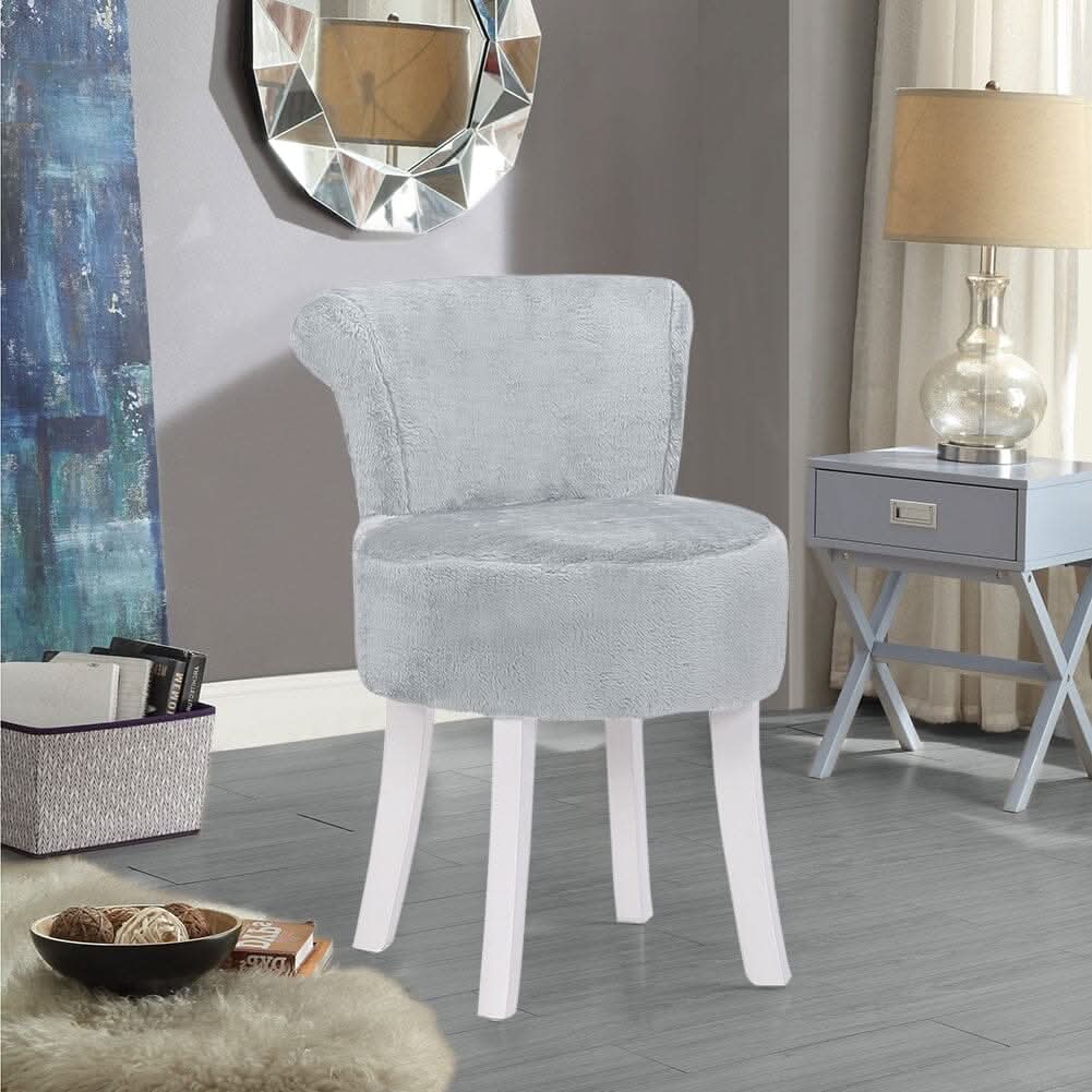 Long Pile Fleece Vanity Stool with White Rubber Wood Legs