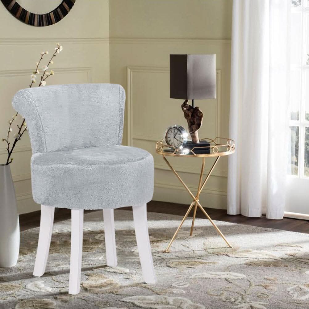Long Pile Fleece Vanity Stool with White Rubber Wood Legs