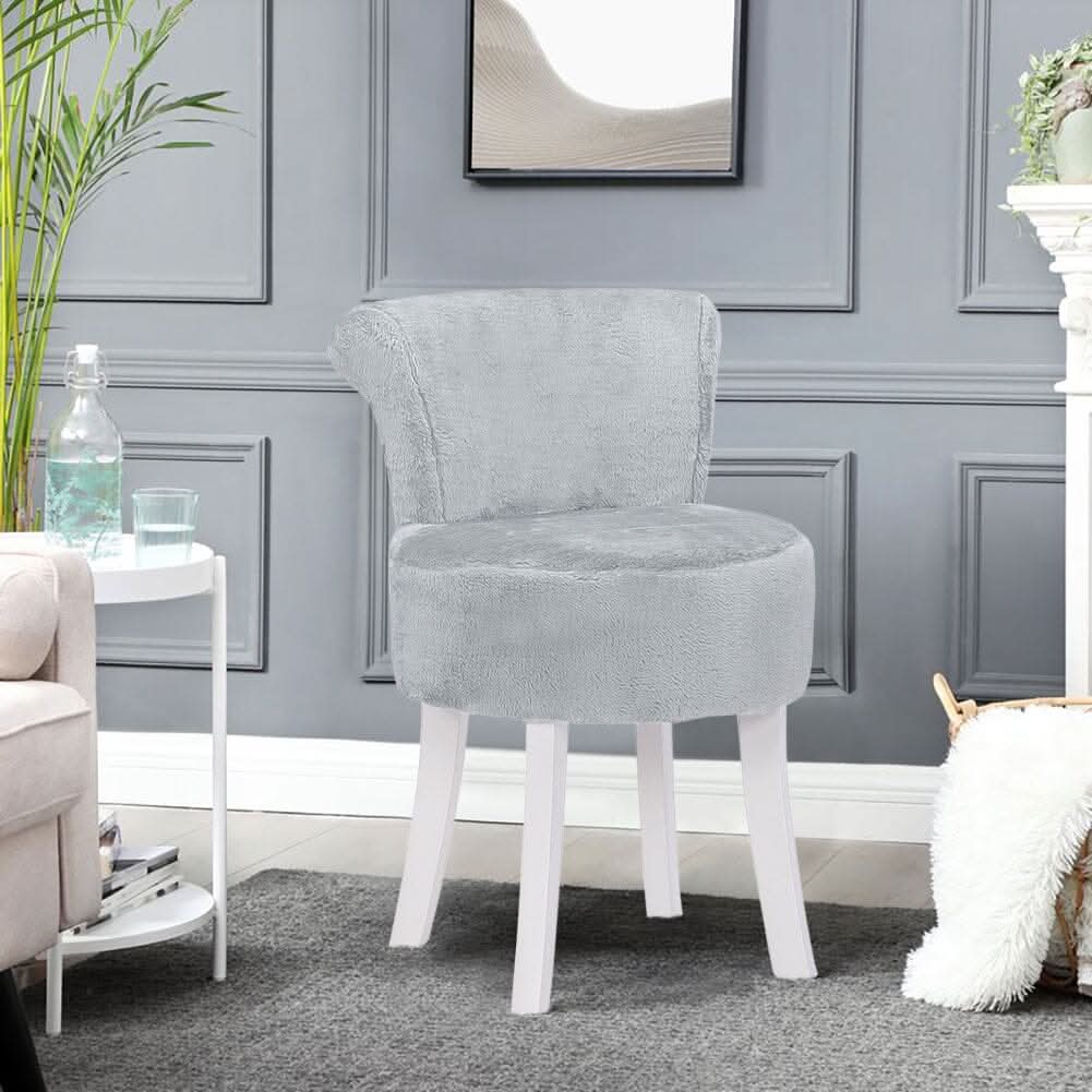 Long Pile Fleece Vanity Stool with White Rubber Wood Legs