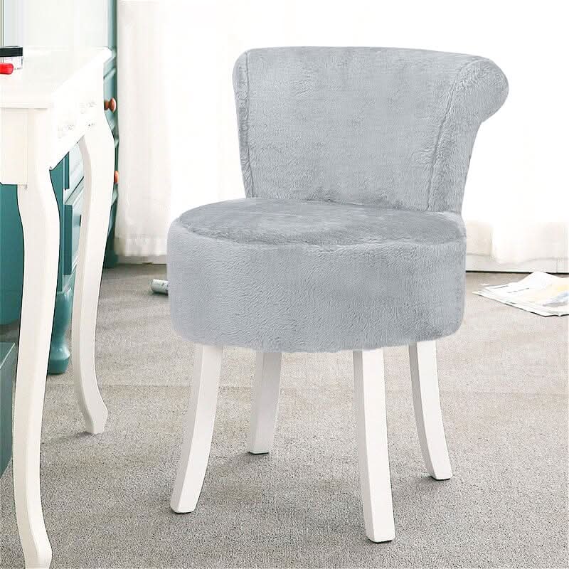 Long Pile Fleece Vanity Stool with White Rubber Wood Legs