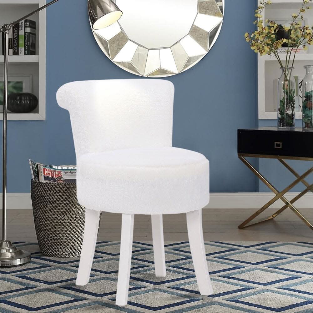 Long Pile Fleece Vanity Stool with White Rubber Wood Legs
