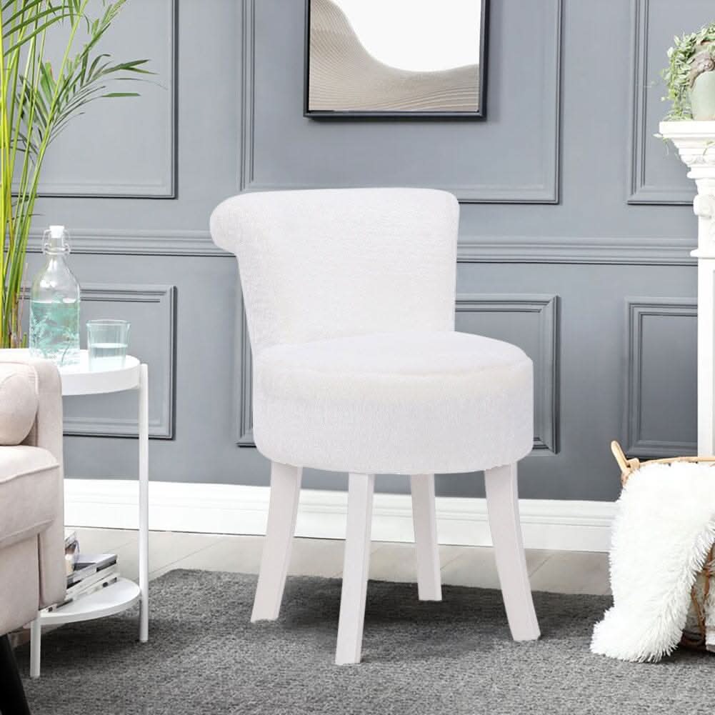 Long Pile Fleece Vanity Stool with White Rubber Wood Legs