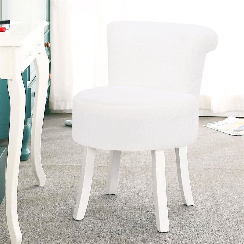 Long Pile Fleece Vanity Stool with White Rubber Wood Legs