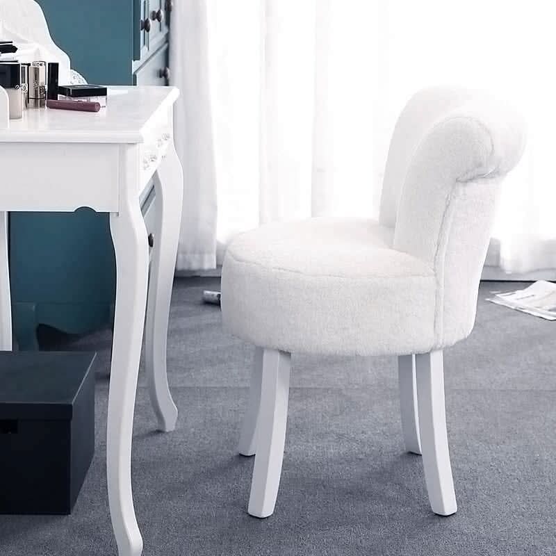 Long Pile Fleece Vanity Stool with White Rubber Wood Legs