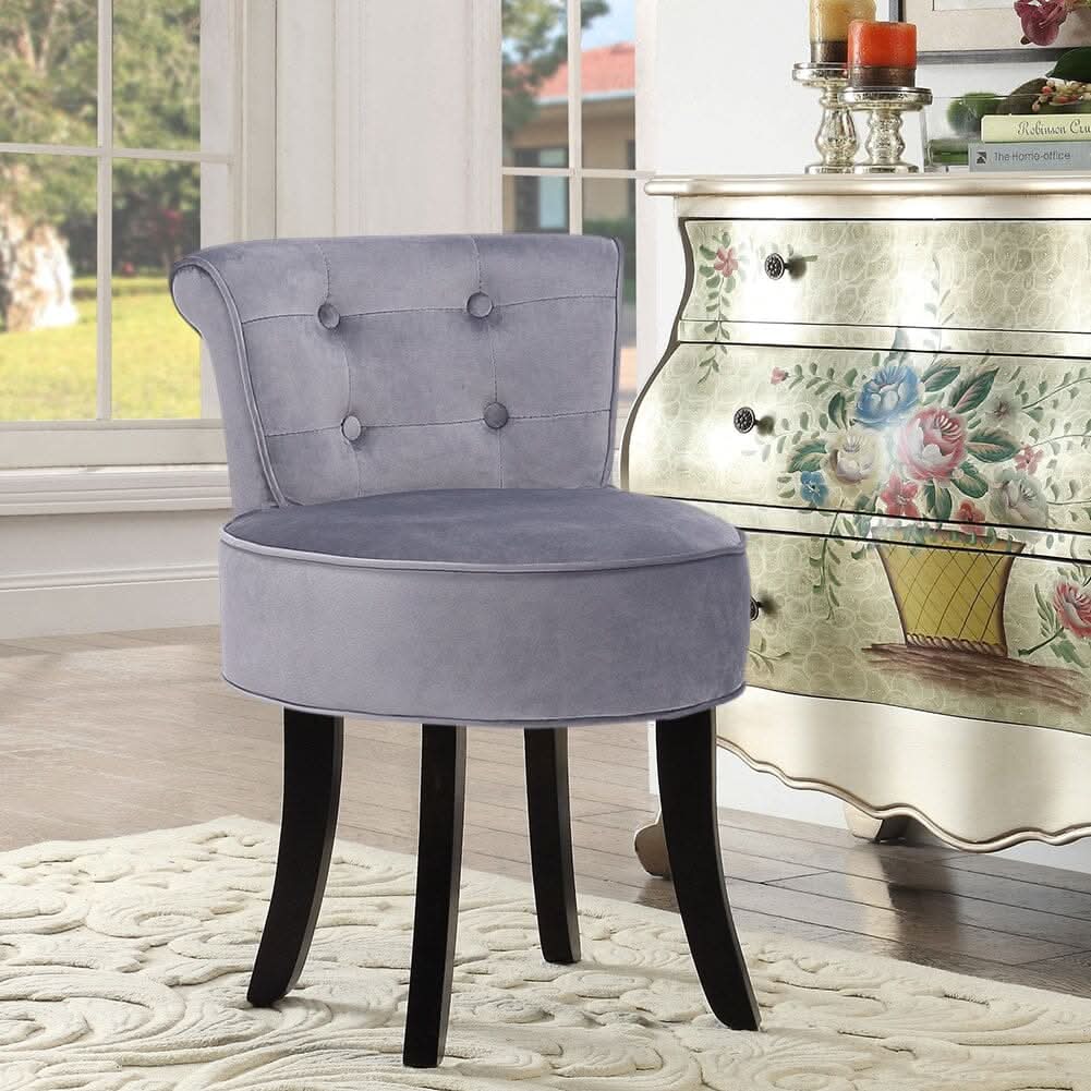 Tufted Vanity Stool with 4-Button Backrest & Black Rubber Wood Legs
