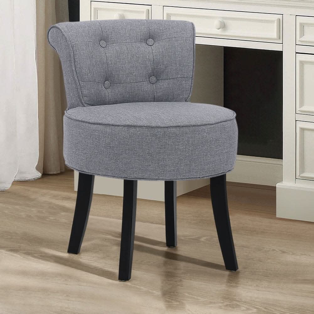 Tufted Vanity Stool with 4-Button Backrest & Black Rubber Wood Legs