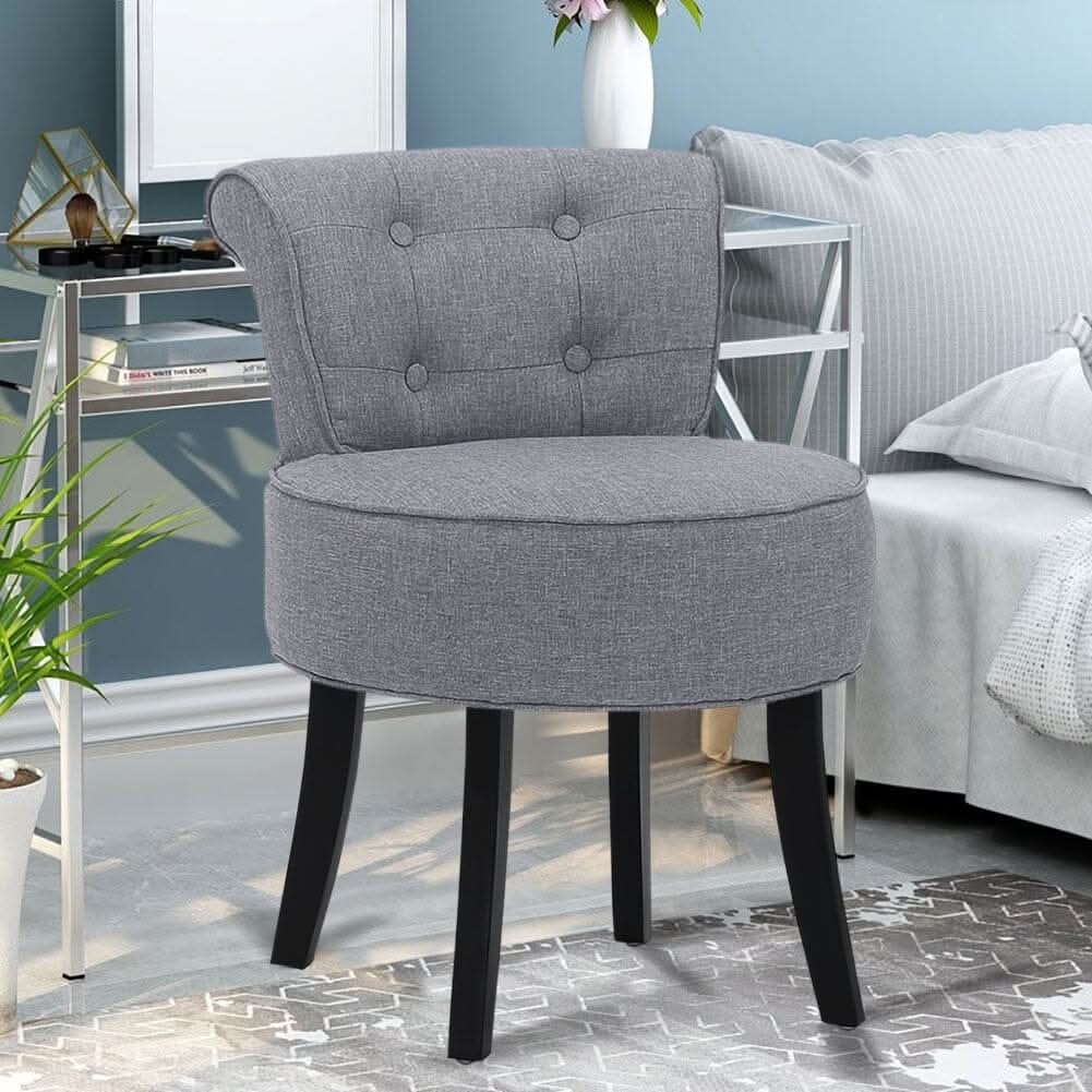 Tufted Vanity Stool with 4-Button Backrest & Black Rubber Wood Legs