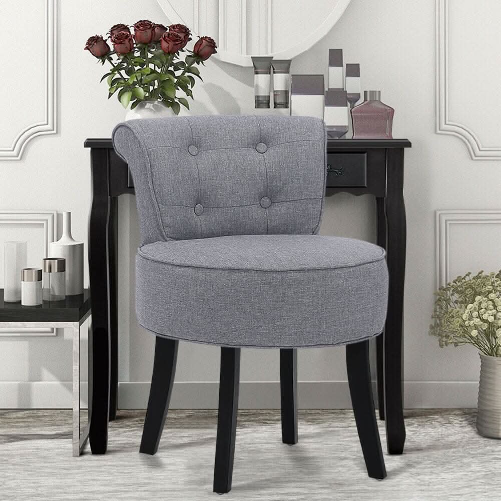 Tufted Vanity Stool with 4-Button Backrest & Black Rubber Wood Legs