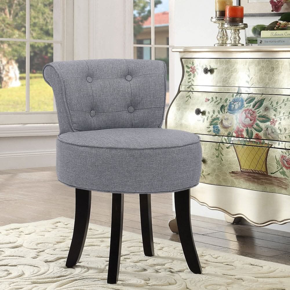 Tufted Vanity Stool with 4-Button Backrest & Black Rubber Wood Legs