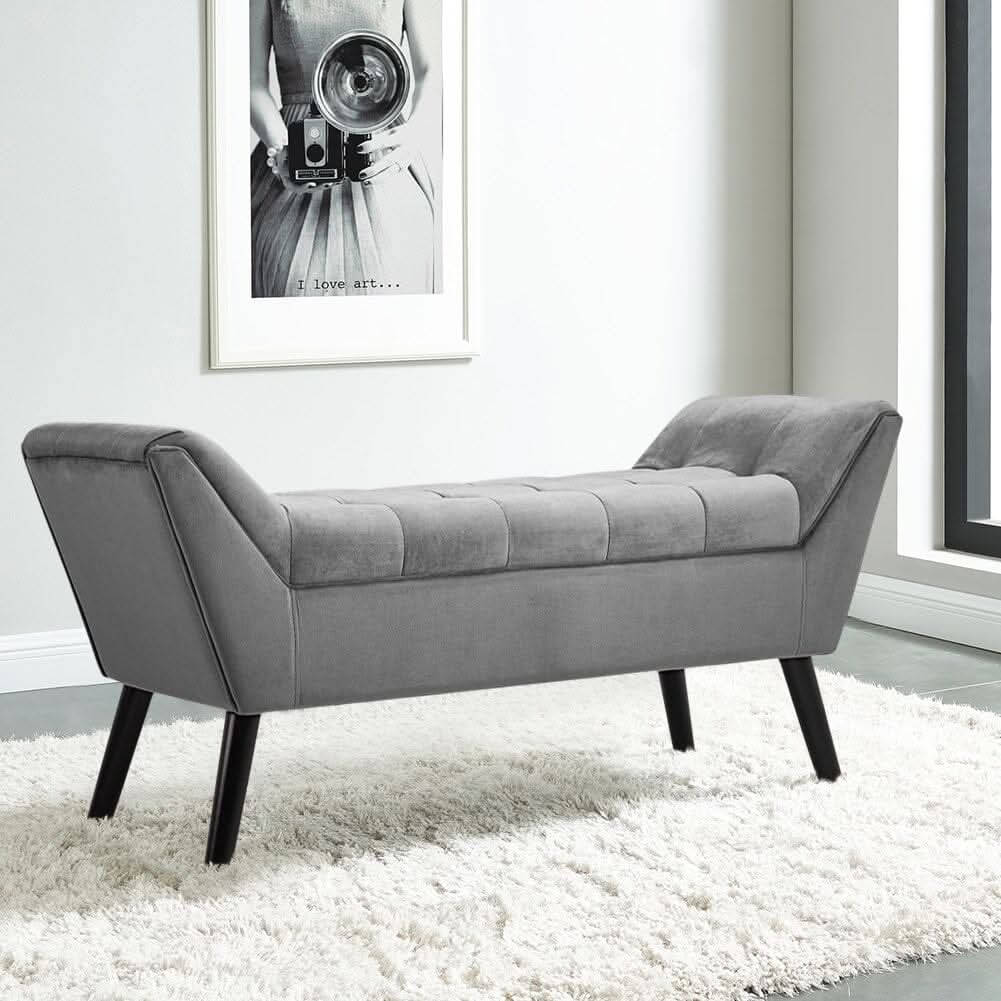 Mid-Century Modern Tufted Bench Grey Velvet with Black Wooden Legs