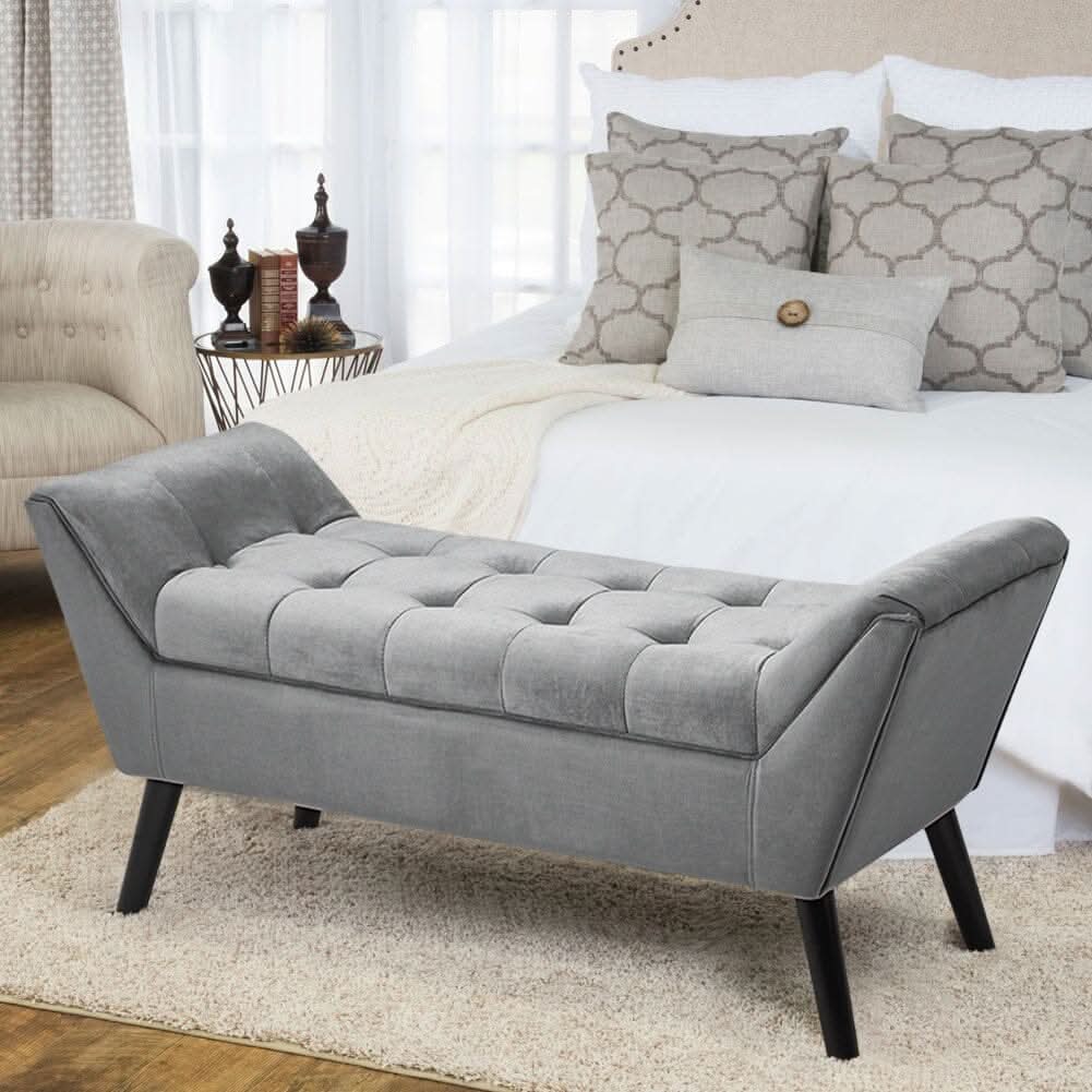 Mid-Century Modern Tufted Bench Grey Velvet with Black Wooden Legs