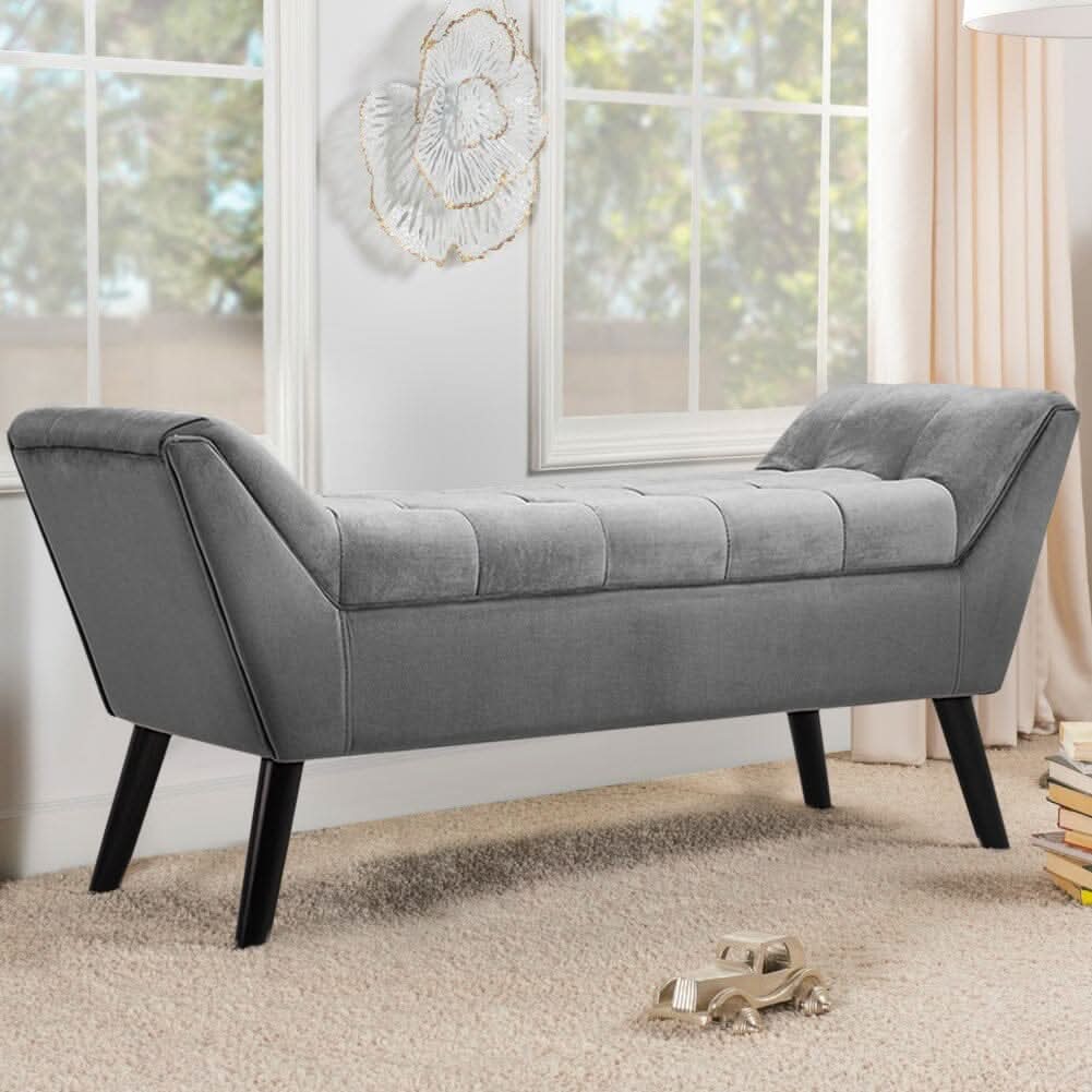 Mid-Century Modern Tufted Bench Grey Velvet with Black Wooden Legs