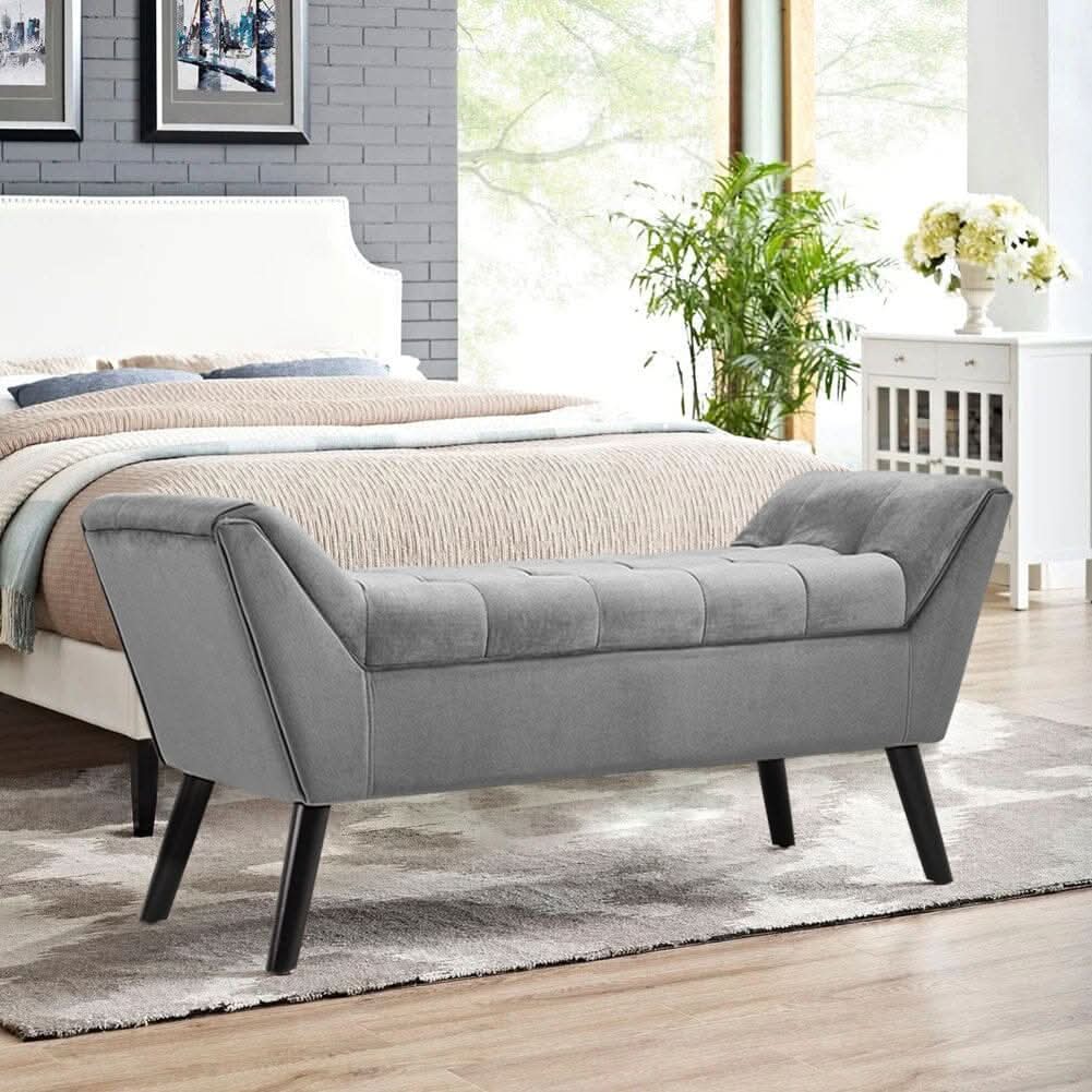 Mid-Century Modern Tufted Bench Grey Velvet with Black Wooden Legs