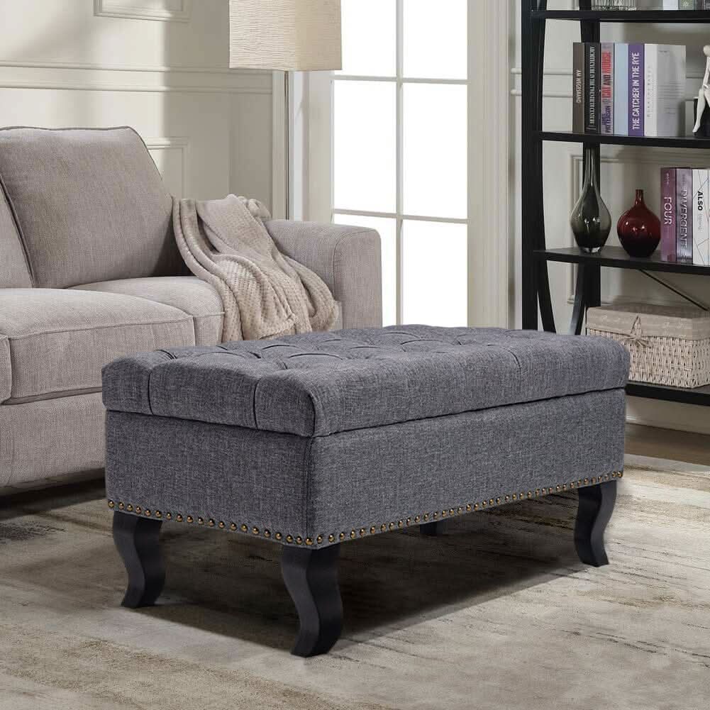 Chesterfield Style Tufted Bench Grey Linen with Nailhead Trim