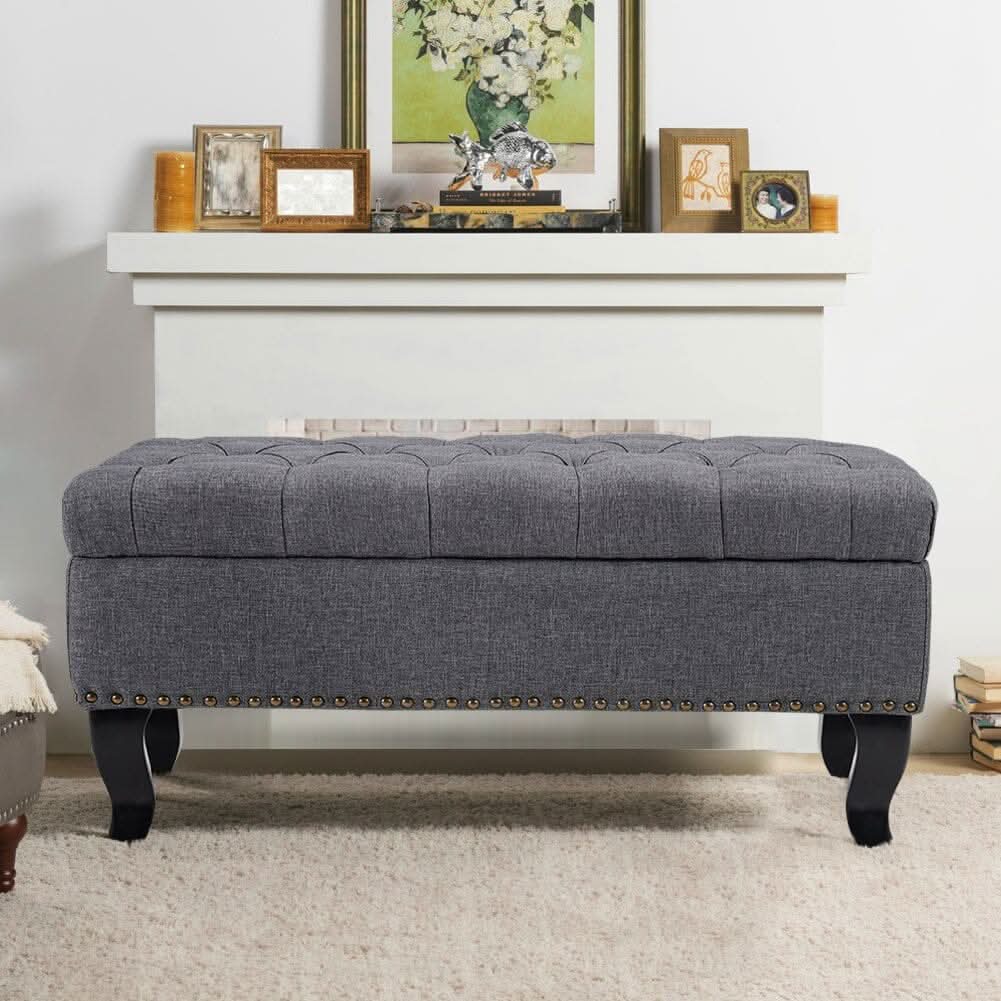 Chesterfield Style Tufted Bench Grey Linen with Nailhead Trim