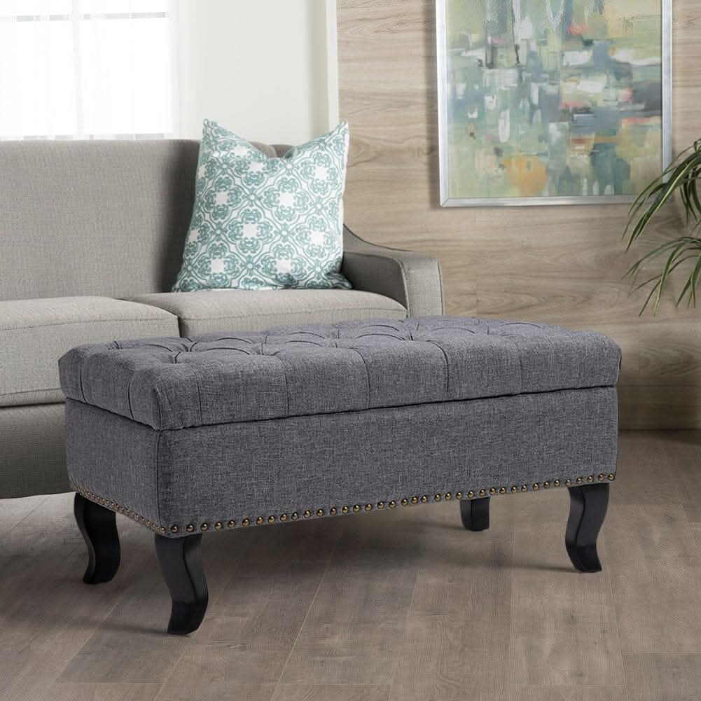 Chesterfield Style Tufted Bench Grey Linen with Nailhead Trim