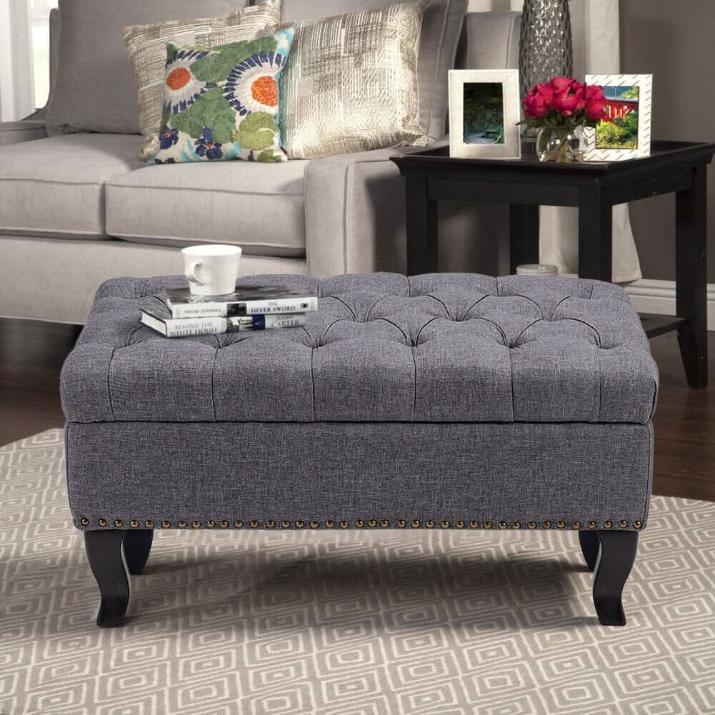 Chesterfield Style Tufted Bench Grey Linen with Nailhead Trim