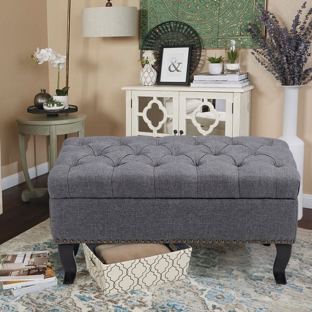 Chesterfield Style Tufted Bench Grey Linen with Nailhead Trim