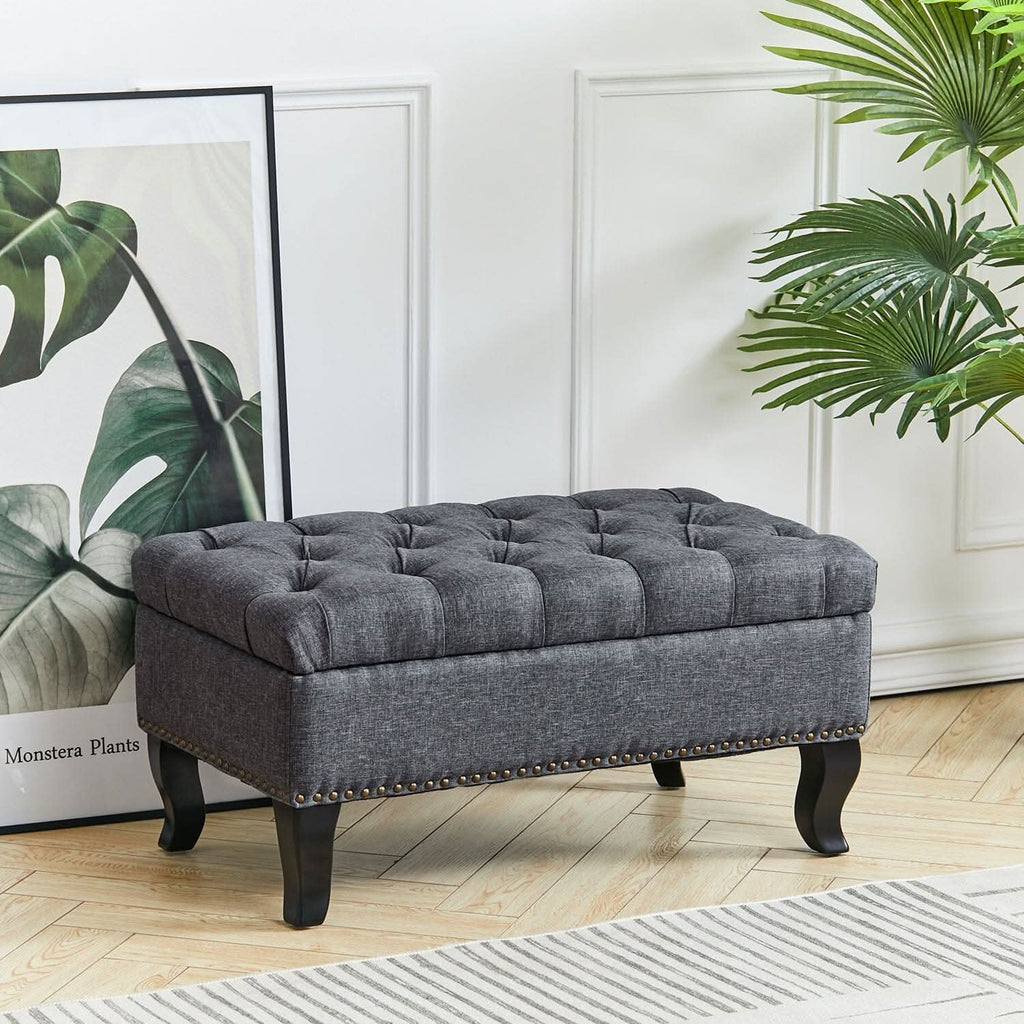 Chesterfield Style Tufted Bench Grey Linen with Nailhead Trim