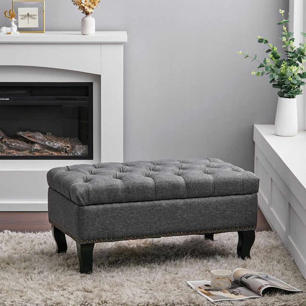 Chesterfield Style Tufted Bench Grey Linen with Nailhead Trim
