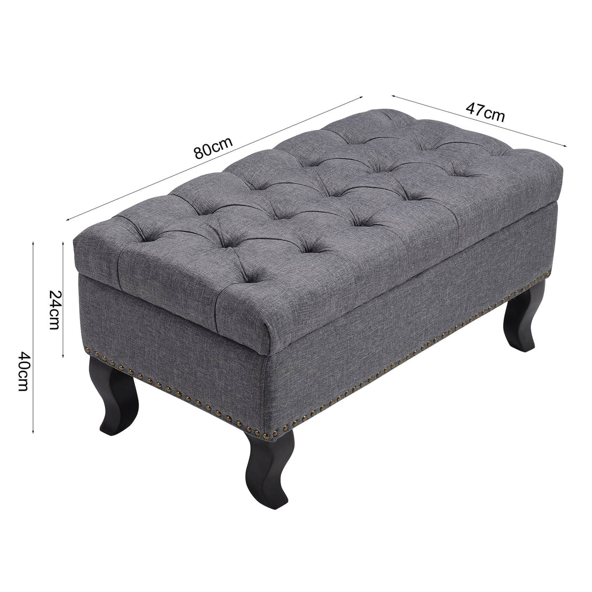 Chesterfield Style Tufted Bench Grey Linen with Nailhead Trim