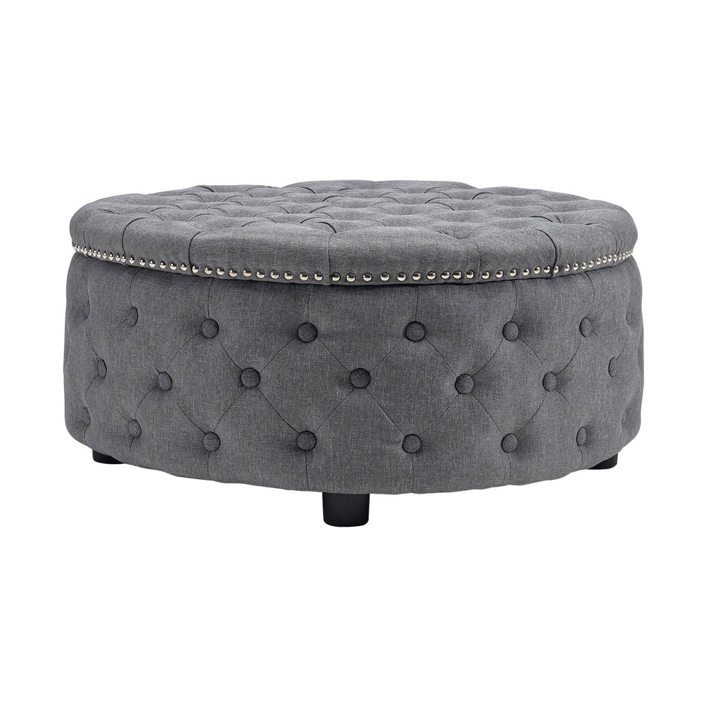 Dia 75cm Linen Tufted Round Cocktail Ottoman with Solid Wood