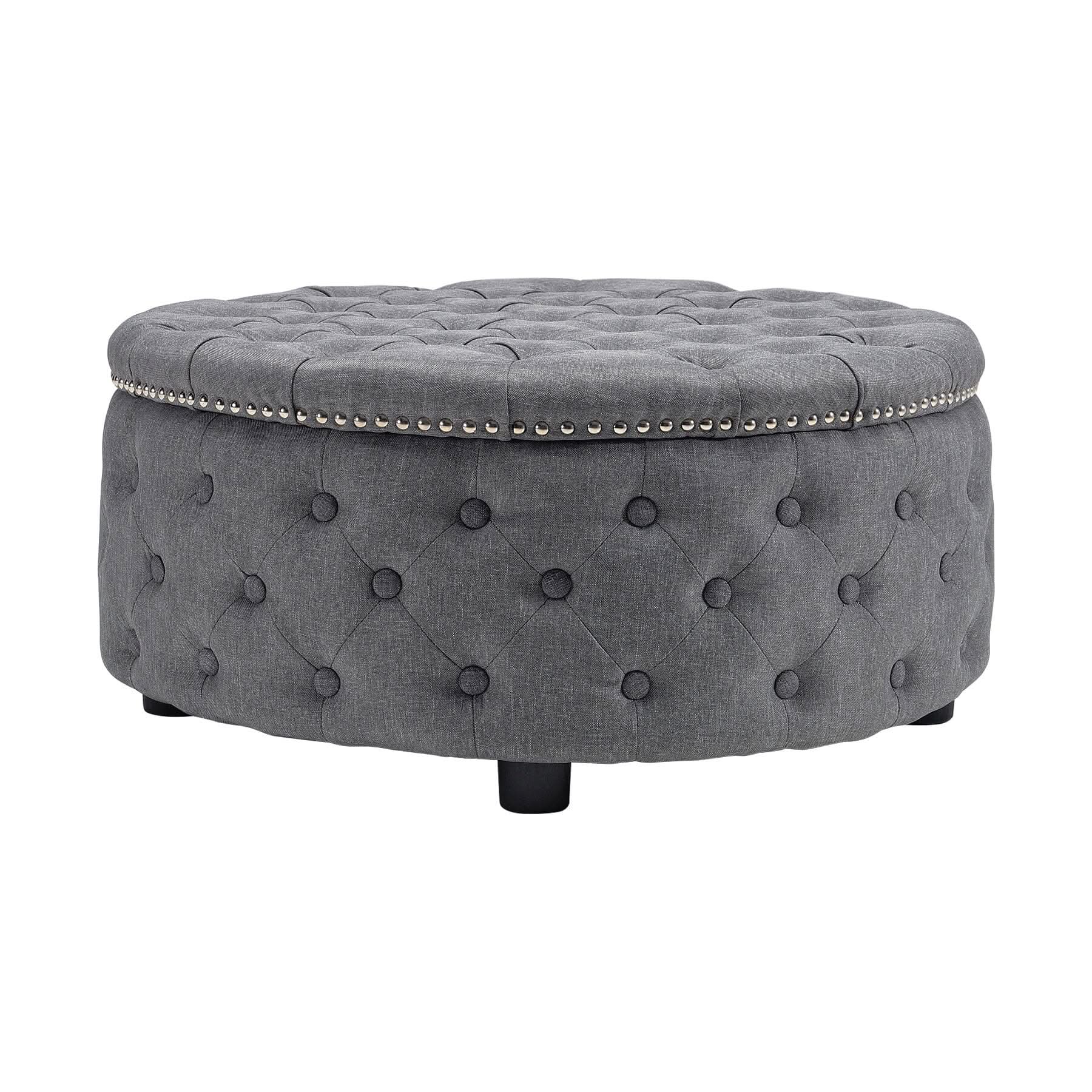 Dia 75cm Linen Tufted Round Cocktail Ottoman with Solid Wood
