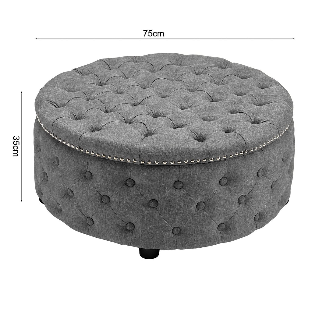 Dia 75cm Linen Tufted Round Cocktail Ottoman with Solid Wood