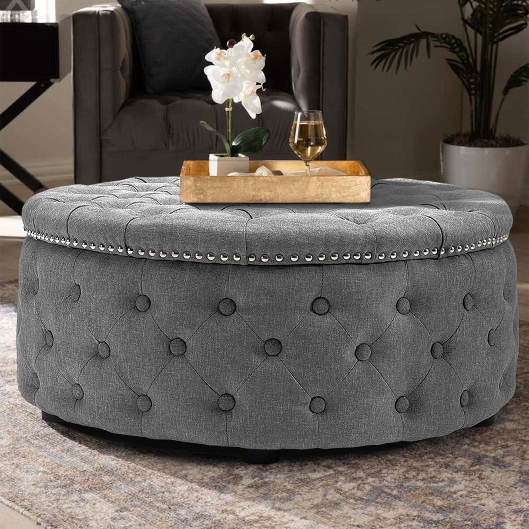 Dia 75cm Linen Tufted Round Cocktail Ottoman with Solid Wood