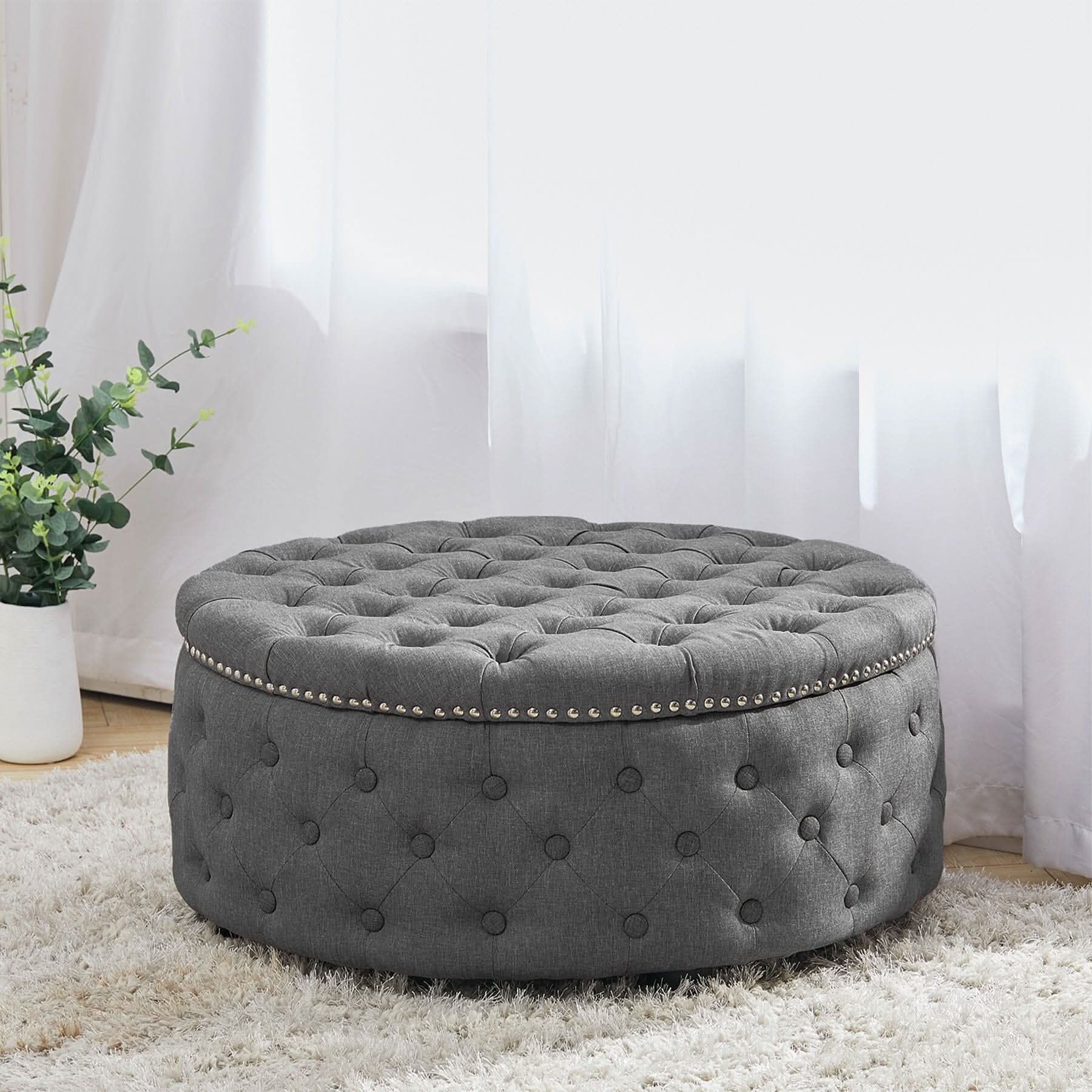 Chesterfield Style Round Ottoman Linen Fabric with Nailhead Trim