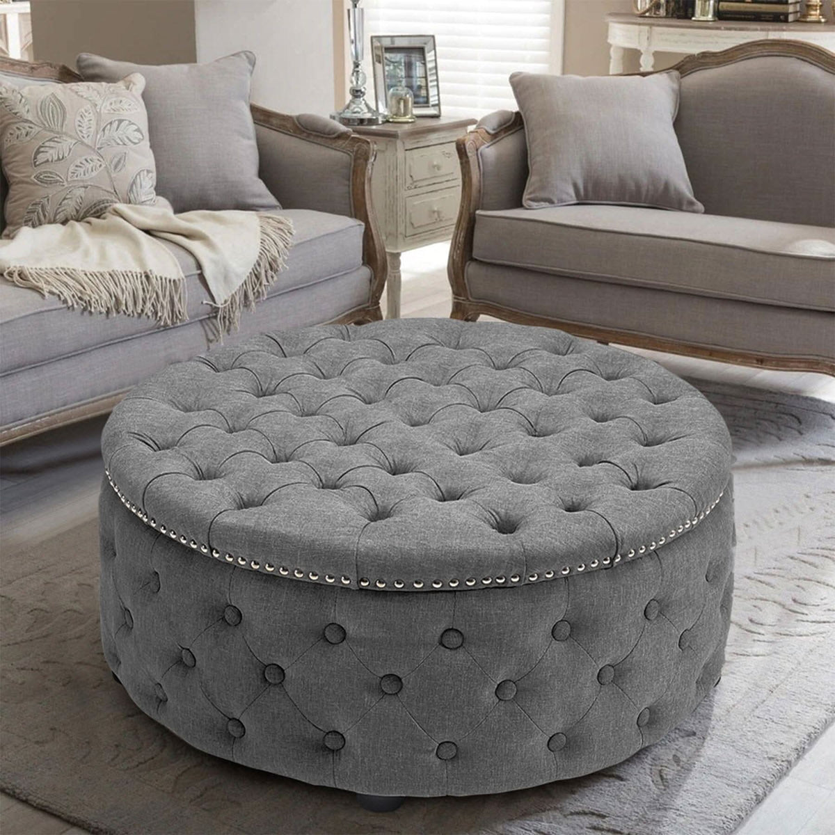 Chesterfield Style Round Ottoman Linen Fabric with Nailhead Trim