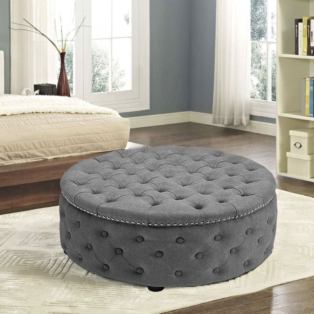 Chesterfield Style Round Ottoman Linen Fabric with Nailhead Trim