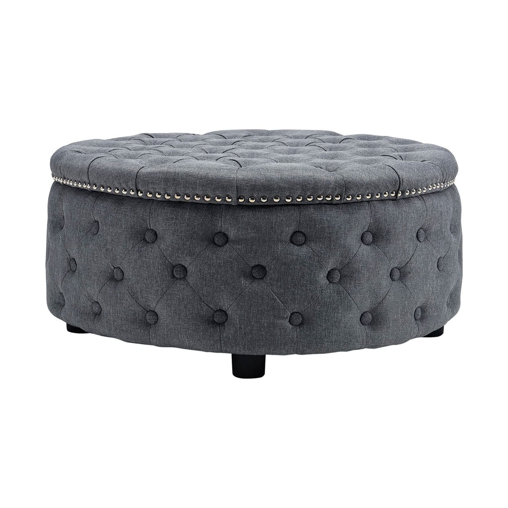 Dia 75cm Linen Tufted Round Cocktail Ottoman with Solid Wood