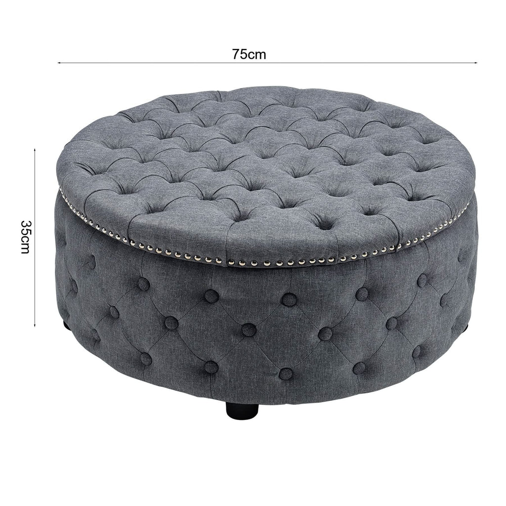 Dia 75cm Linen Tufted Round Cocktail Ottoman with Solid Wood