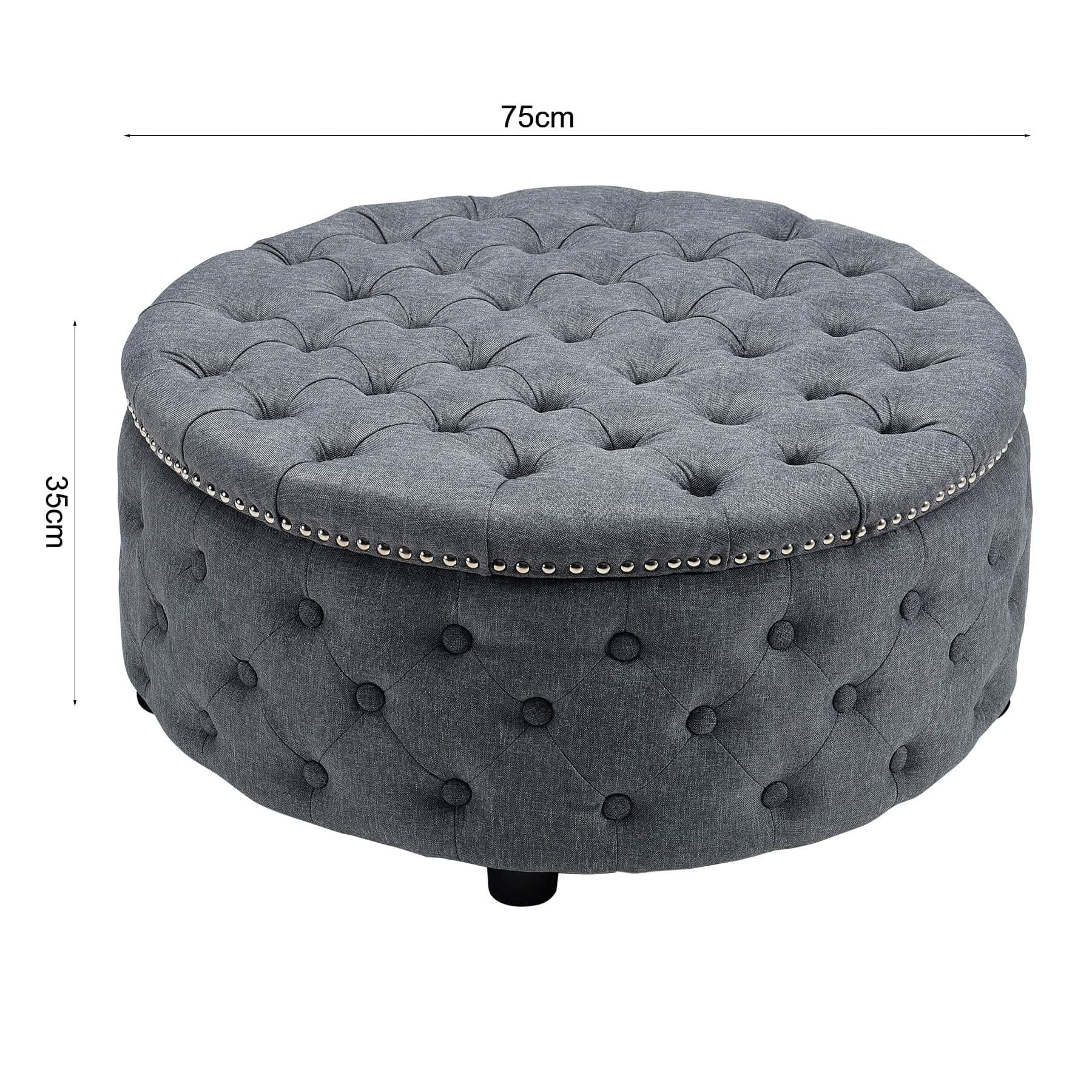 Dia 75cm Linen Tufted Round Cocktail Ottoman with Solid Wood