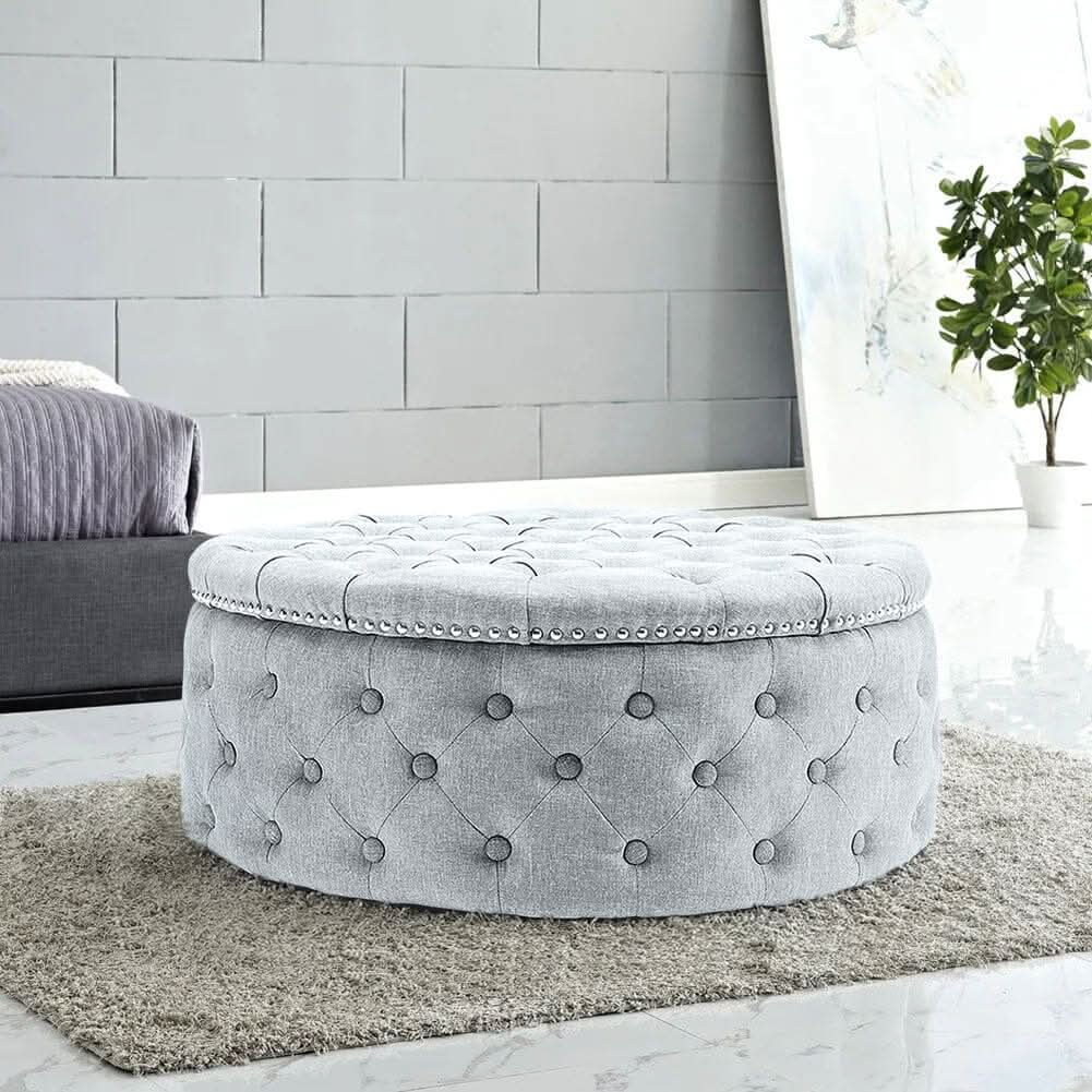 Chesterfield Style Round Ottoman Linen Fabric with Nailhead Trim