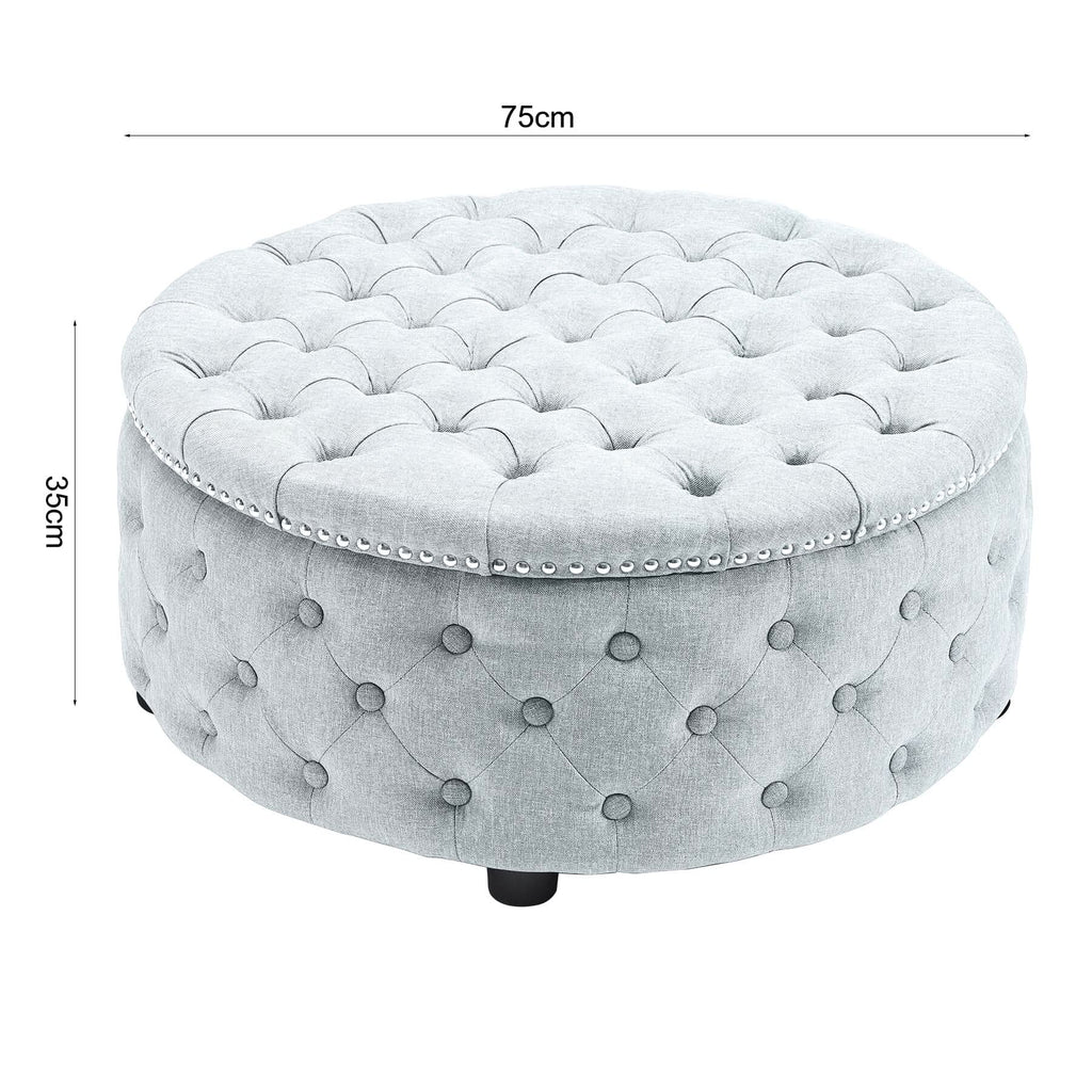 Dia 75cm Linen Tufted Round Cocktail Ottoman with Solid Wood