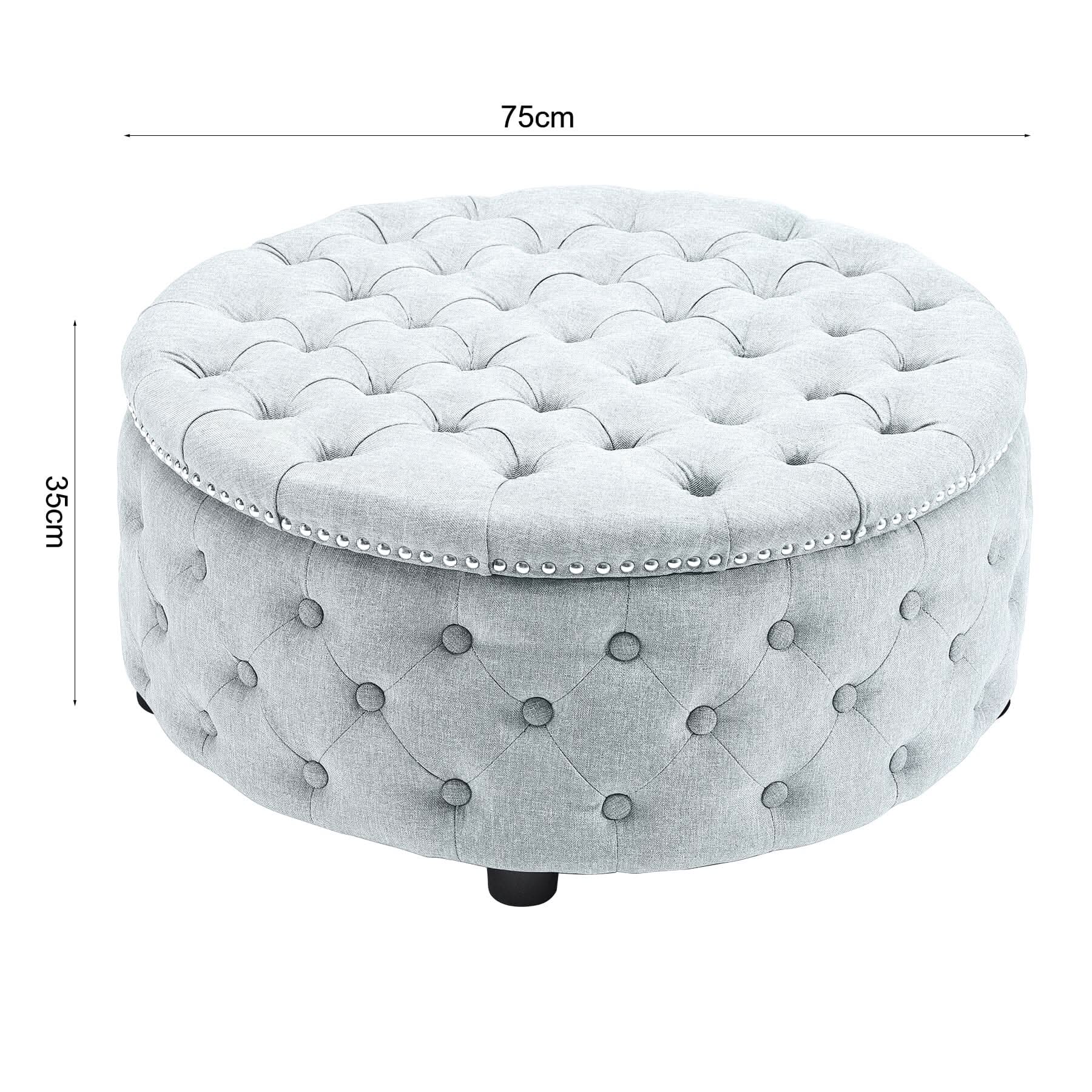 Chesterfield Style Round Ottoman Linen Fabric with Nailhead Trim